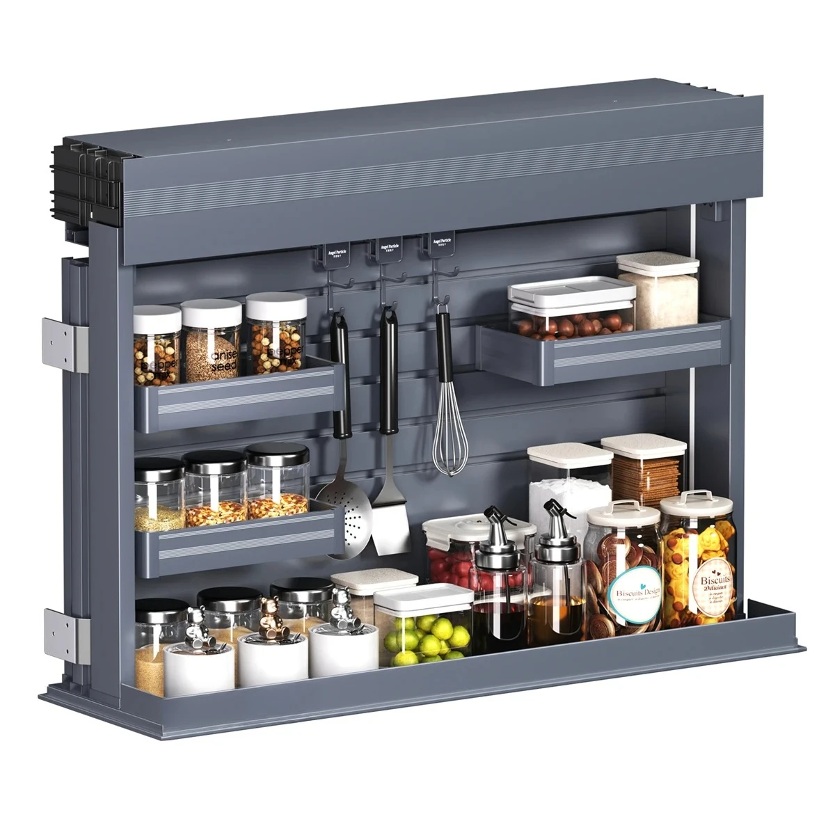 Smart Electric Lifting Spice Rack, Anti-Collision Pull Down Organizer With Sensor Light For Kitchen Upper Cabinet Storage