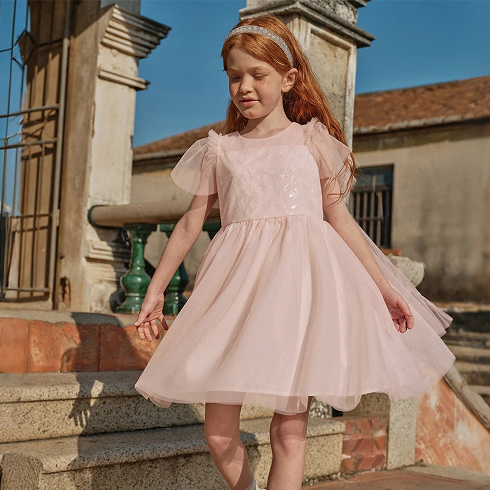 Dave Bella Girls Summer Mesh Princess Dresses 7-13 Years Children Charm Short Sleeve Sequin Party Dress Sweet Clothes DK2262264
