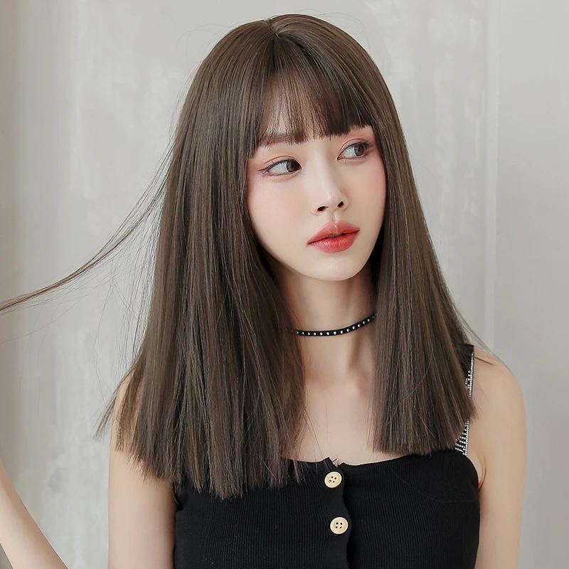 7JHH WIGS Shoulder Length Flat Cut Cool Brown Wigs with Bangs High Density Synthetic Layered Hair Wig for Women Natural Looking