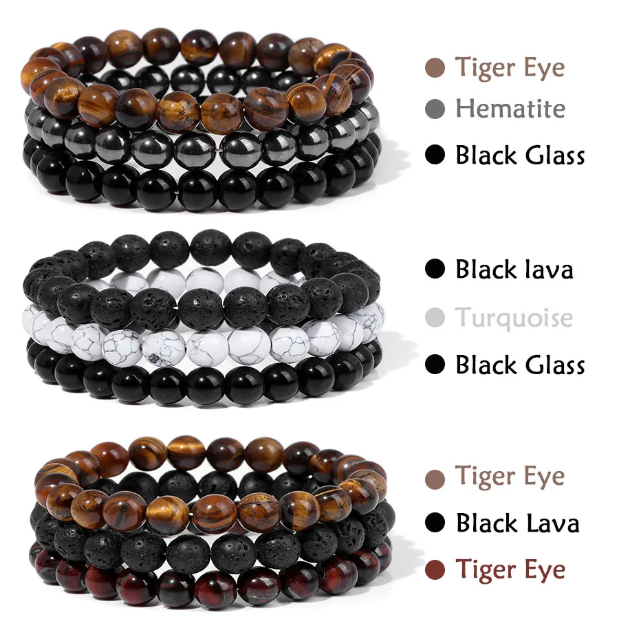 Ensemble de bracelets perlés faits à la main pour hommes, pierre naturelle, œil de tigre, hématite, perles de lave, bracelets commandés, cadeau de bijoux de yoga de guérison