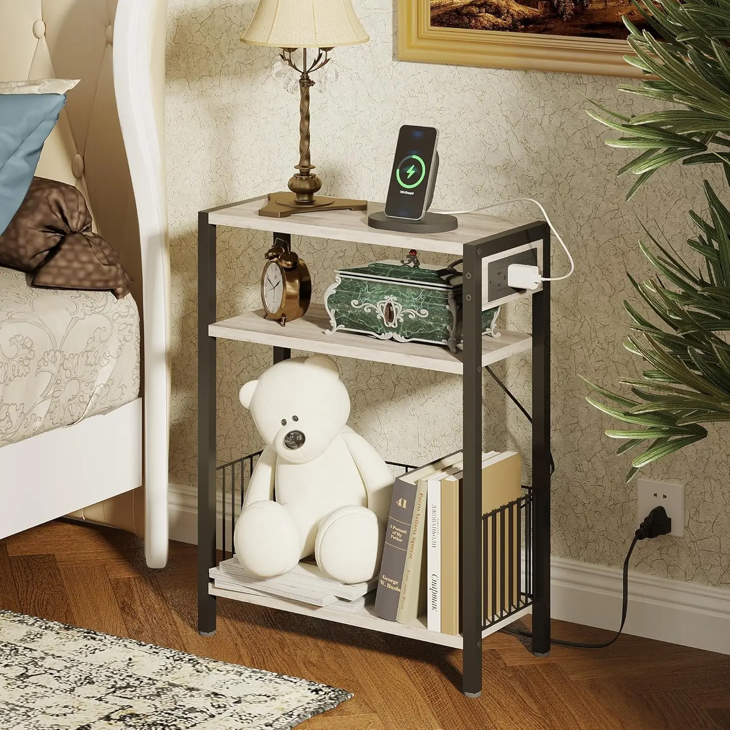 Narrow Side Table With Charging Station Set Of 2, Small End Table For Small Spaces, Slim Nightstand With Storage Basket, 3 Tier