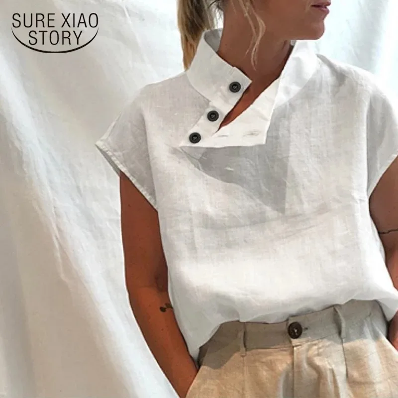 

Women's Cotton Linen Shirts, Solid Color Blouses, Short Sleeve, Casual Loose Tops, Solid Tunic, Summer Fashion, 2024 New, 18898