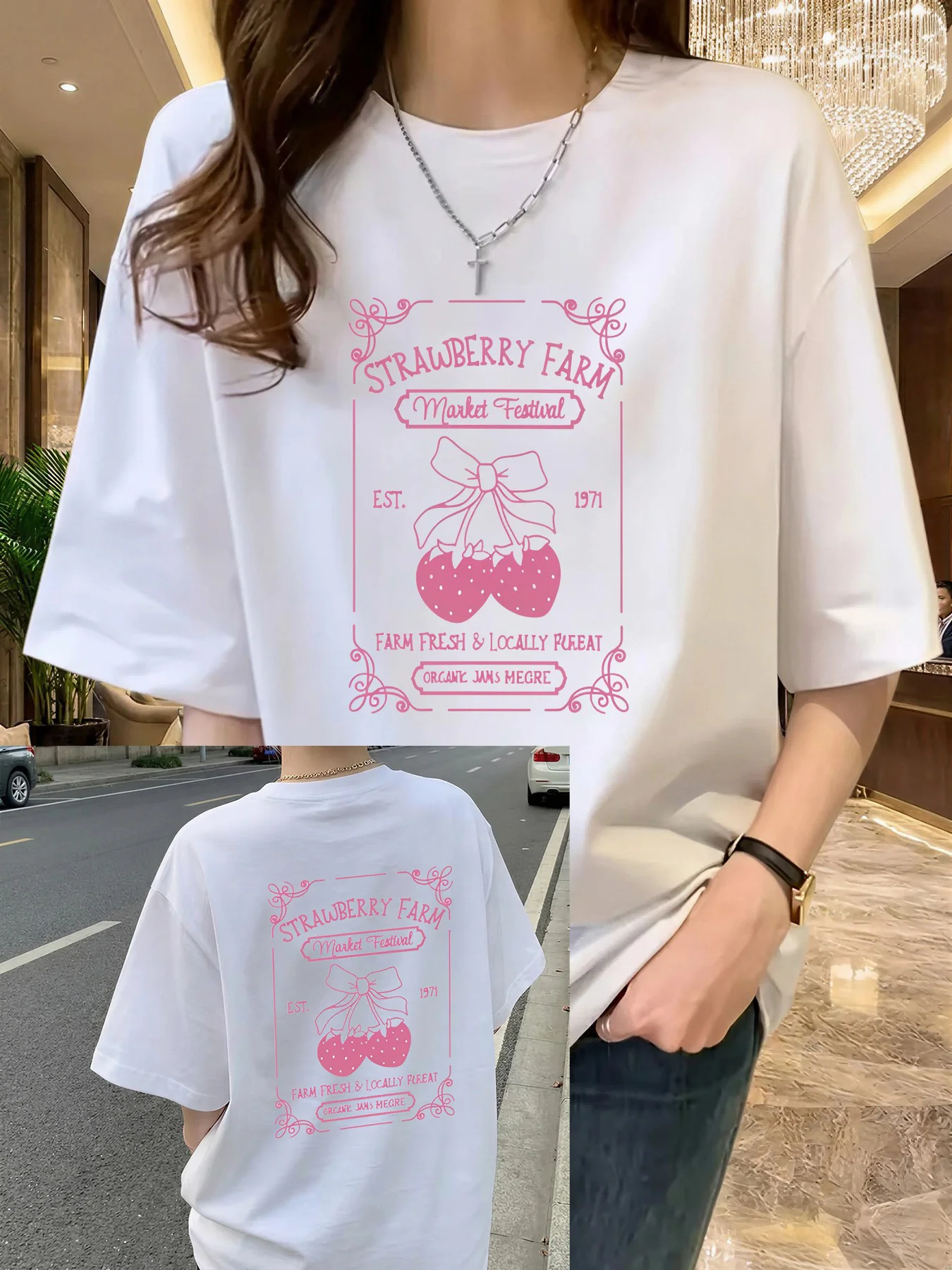 With Double-Sided Print Vintage Style Strawberries and Bow Round-Neck Pure Sleeve 'Strawberry Farm Market Festival'