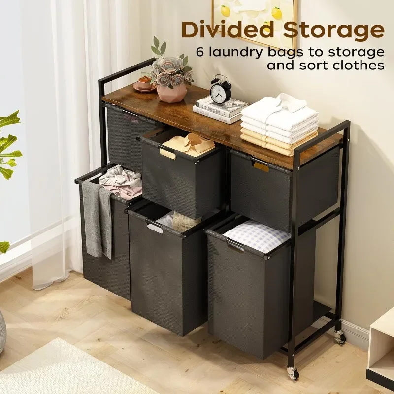 Rolling Laundry Hamper Organizer with Large Desktop, Laundry Sorter with 6 Pull-Out and Removable Laundry Bags, Metal Frame