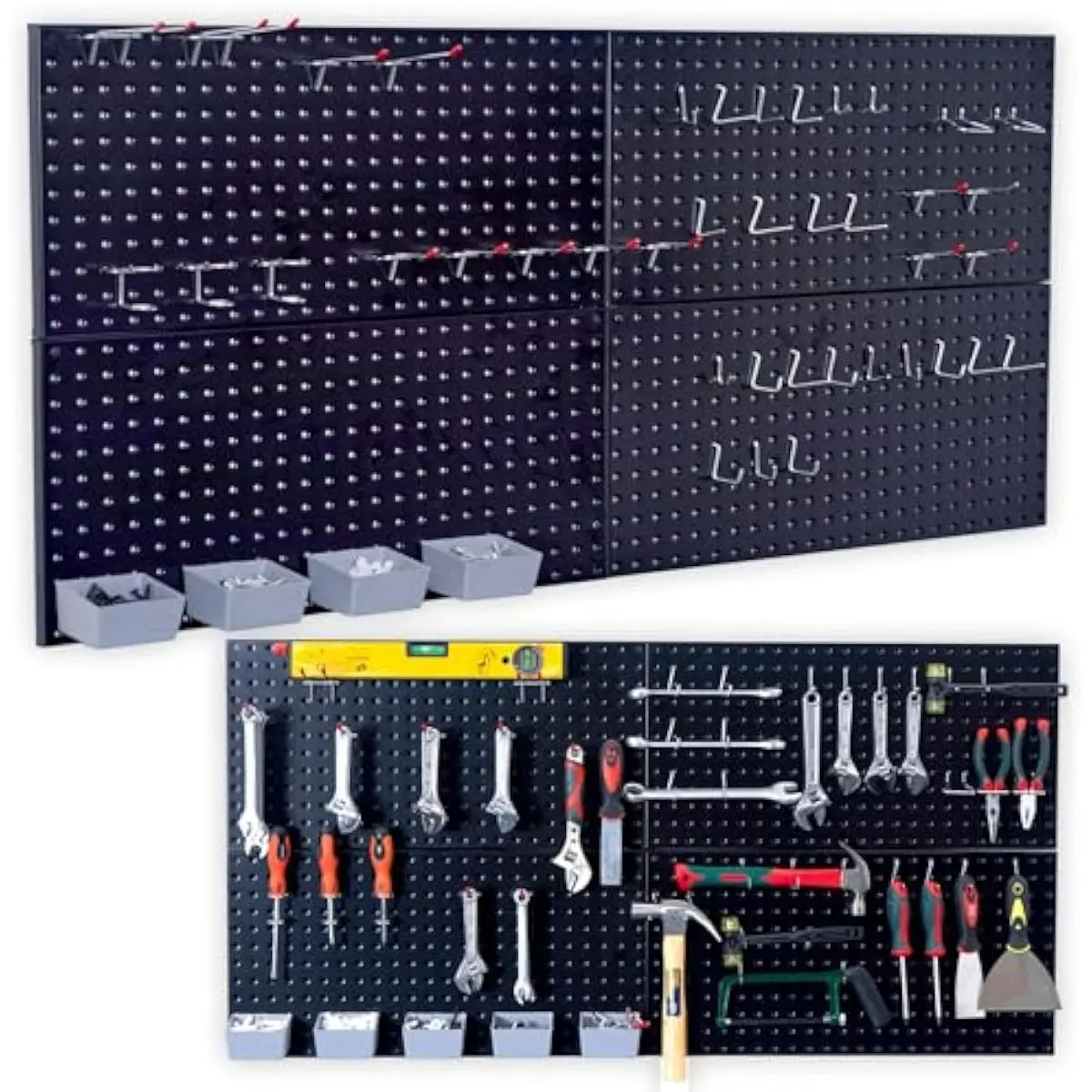 Heavy-Duty Steel Pegboard System with 40 Unique Hooks and 4 Modular Bins for Wall-Mounted Workshop Organization – Powder-Coated