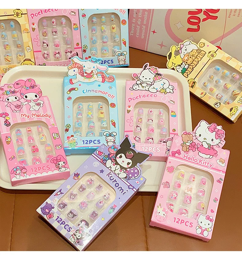 12Pcs/Box Kawaii Kuromi Hello Kitty Fake Nails Child Wearable Removable Fake Nails Kuromi Nail Patch Lovely Nails For Kids