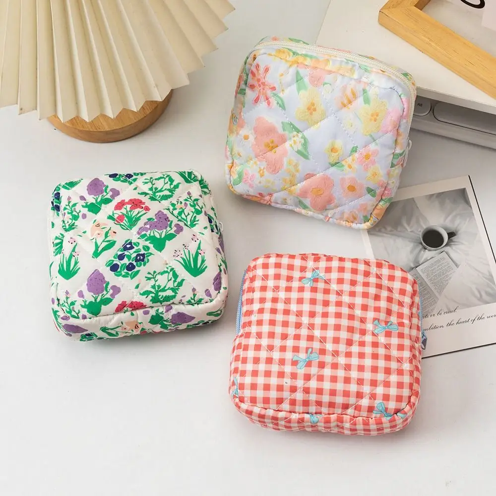 Quilted Cotton Sanitary Napkins Bag Travel Organizer Portable Storage Pouch Multipurpose Printed Floral Storage Bag