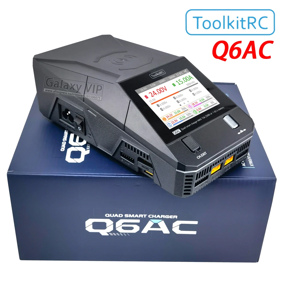 ToolkitRC Q6AC Ladegerät 4-Kanal Lipo 1-6S mit Ausgleichsspannung AC 400W DC 1000W XT60 XT30 für ferngesteuerte Spielzeugmodelle, Autos, Flugzeuge, Hochspannungs-Lithiumbatterien, USB-C 65W