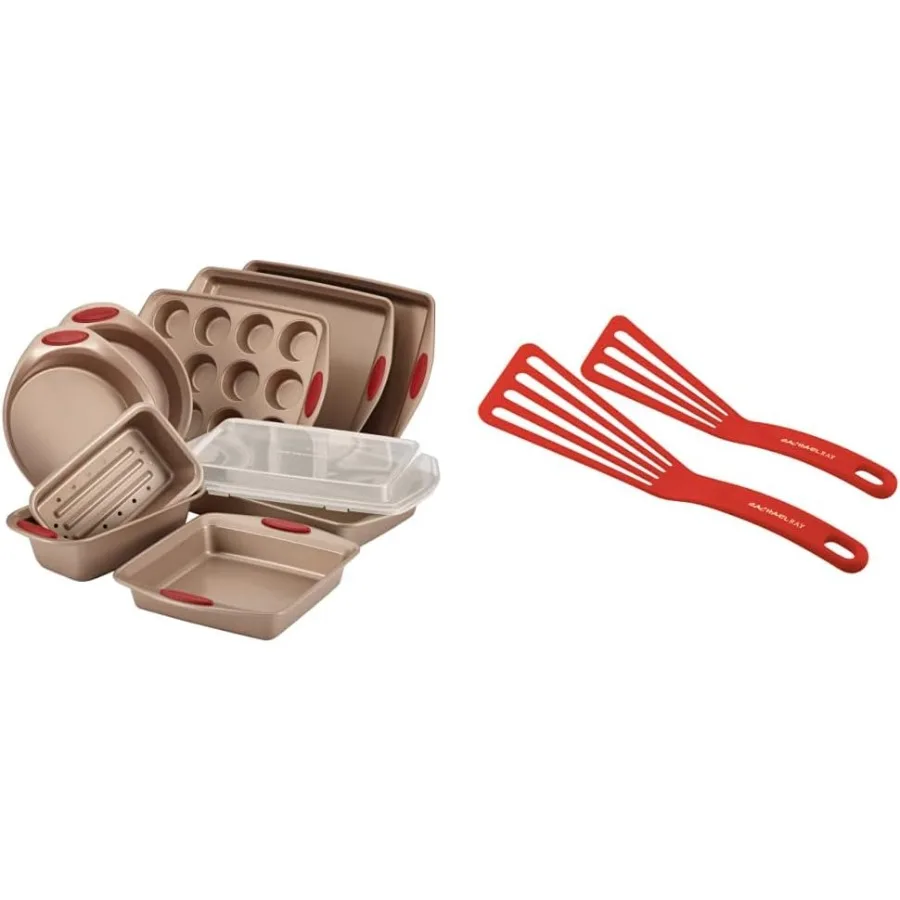 

Набор форм для выпечки с антипригарным покрытием, противнила для выпечки печенья, форма для кексов, хлеба, 10 предметов, латте-коричневый цвет с клюквенно-красными ручками и кухонными инструментами