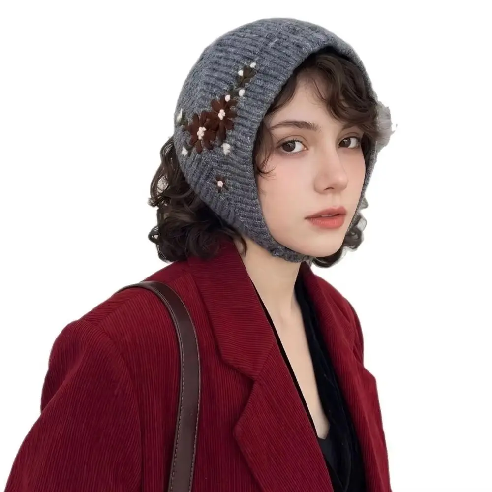Floral Flower Embroidery Knitted Hat Retro Beanies Earflap Hat Korean Ear Protectors Crochet Flower Turban Scarf Accessories