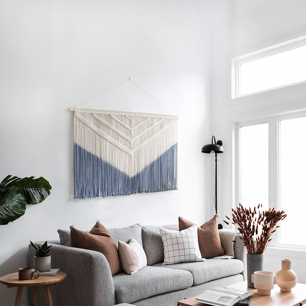 Retro Macrame Wall Hanging, Boho Handwoven Tassel Tapestry, Geometric Chevron Woven Wall Art for Home Decor