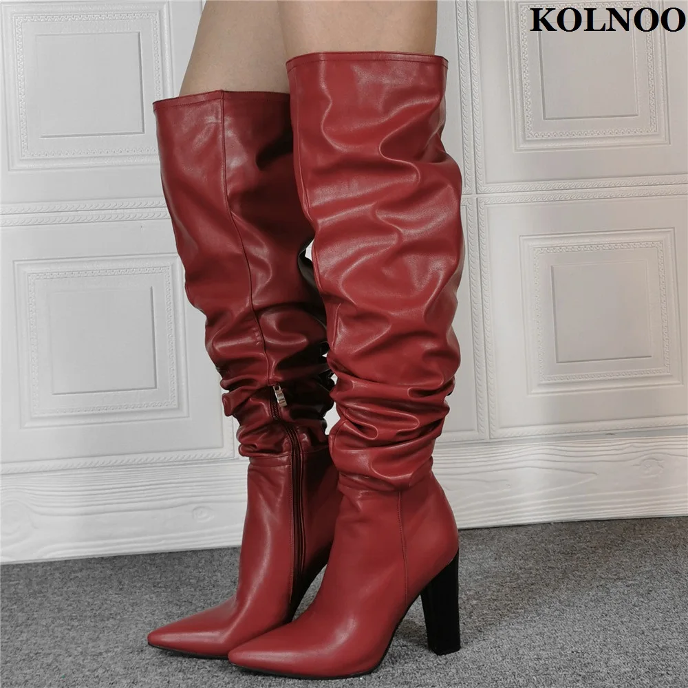 

Kolnoo New Classic Style Ladies Chunky Heels Knee-high Boots Pleated Pointy Real Photos Evening Party Booties Fashion Prom Shoes