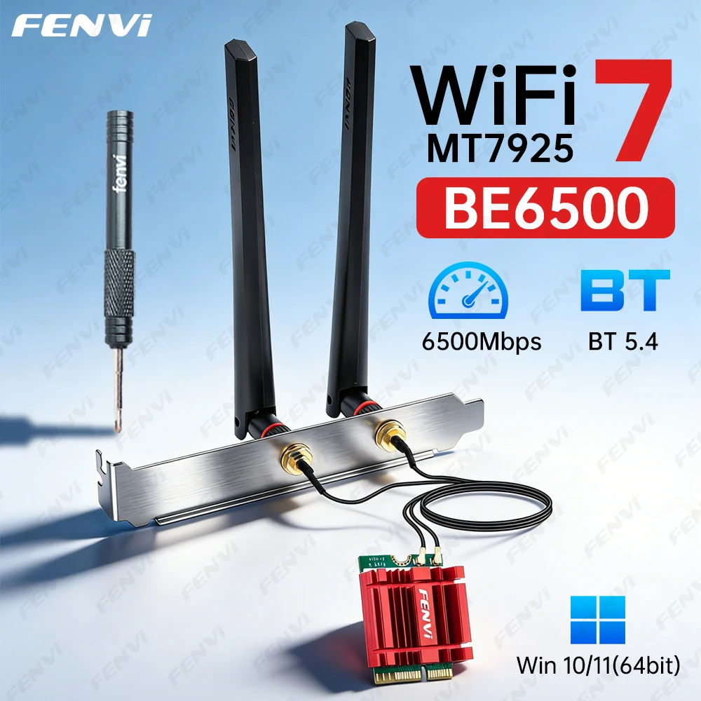 

Беспроводная карта Fenvi BE6500 WiFi 7 M.2 с Bluetooth 5.4, трехдиапазонная (2.4G/5G/6GHz), сетевой адаптер WiFi7 MT7925 с антенной, комплект для настольных ПК