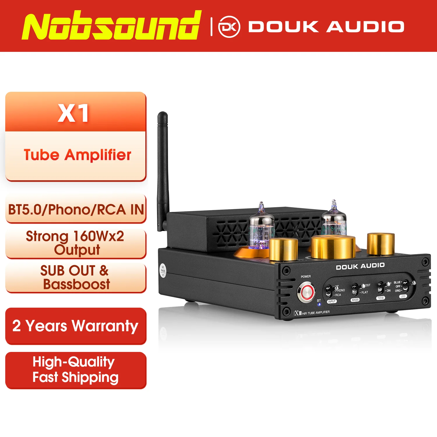 Nobsound HiFi GE5654 Vacuum Tube Amplifier Stereo Bluetooth 5.0 Receiver Amp MM Phono Power Amp for Turntables APTX-HD 160W+160W