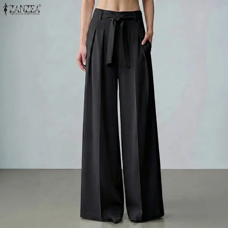 Summer Autumn Fashion Wide Leg Pants Women Long Trousers ZANZEA Solid Color Bottoms Streetwear Belt Pant Oversize S-3XL
