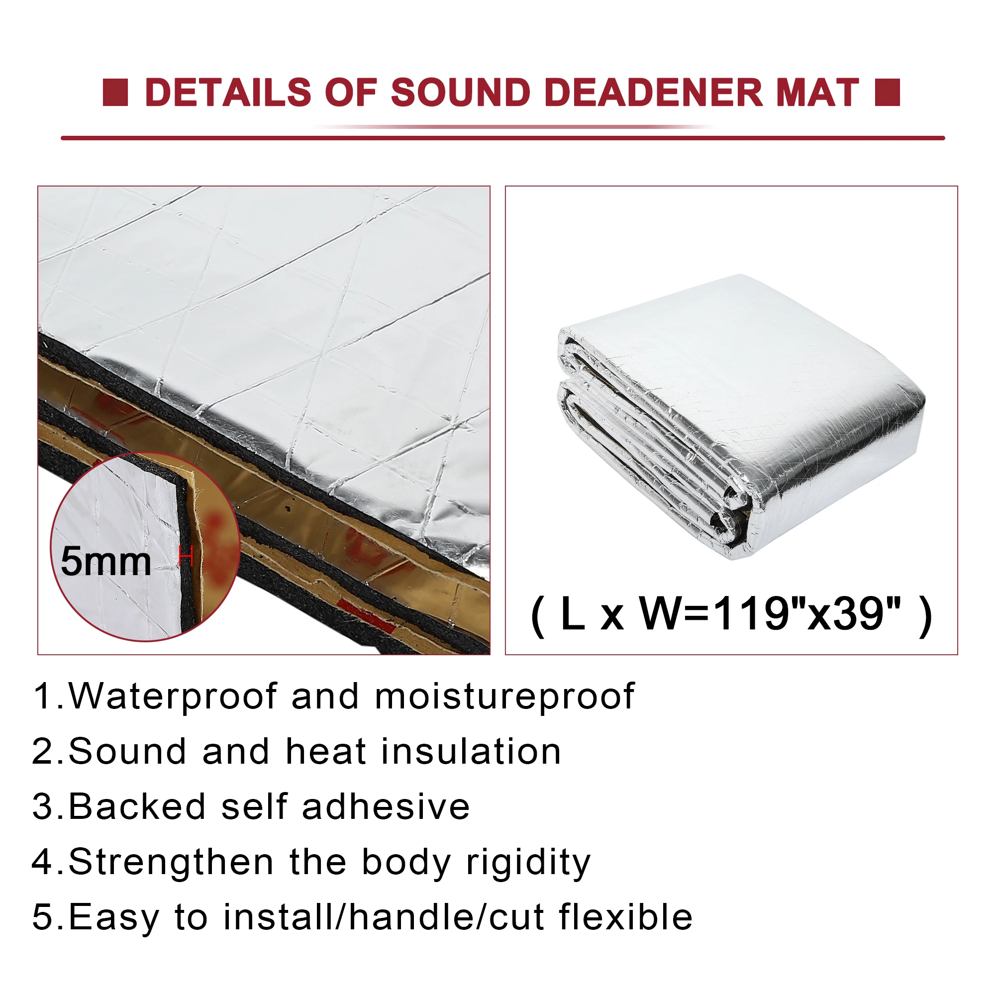 Uxcell 5mm 303x100cm Car Firewall Heat Sound Deadener Insulation Mat Hood Door Trunk Acoustic Insulation Car Accessori Interior