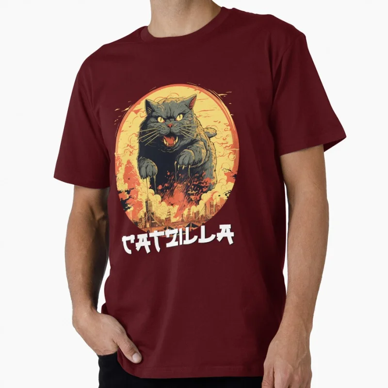 Vintage Japanese Sunset Catzilla King of  Monster Funny Cat Lover Gift t shirt for man  kitty y2k clothes All size Tops S-6XL