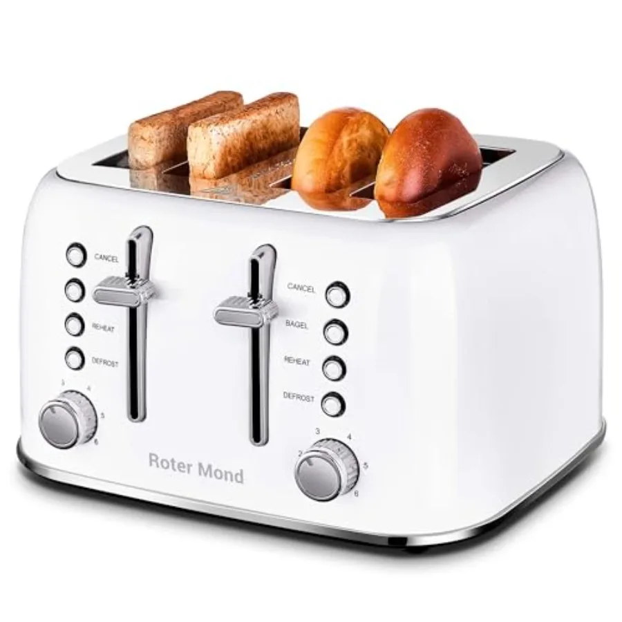 

4-Slice Retro Toaster in Stainless Steel with Extra Wide Slots for Bagels Defrost and Reheat Functions Dual Independent Control