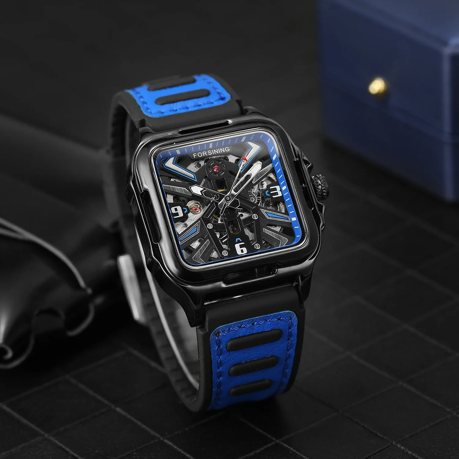 Forsining Sports Cool Waterproof Men's Watches Skeleton Automatic Mechanical Wristwatch Silicone Strap Racing Clock Reloj Hombre