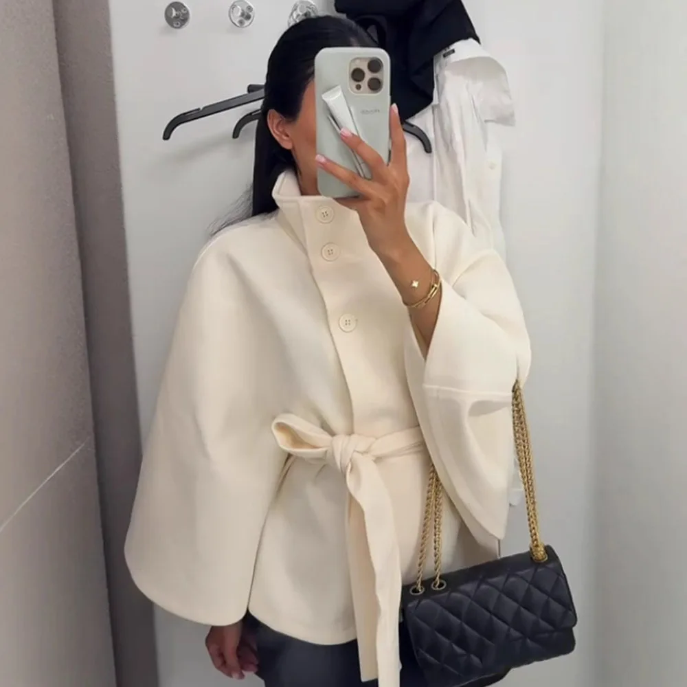 

Women's Jacket Winter Clothes Designed Stand-up Collar, Waist Slimming Lace-up Solid Color Woolen Jacket 2025 New Outerwear Coat