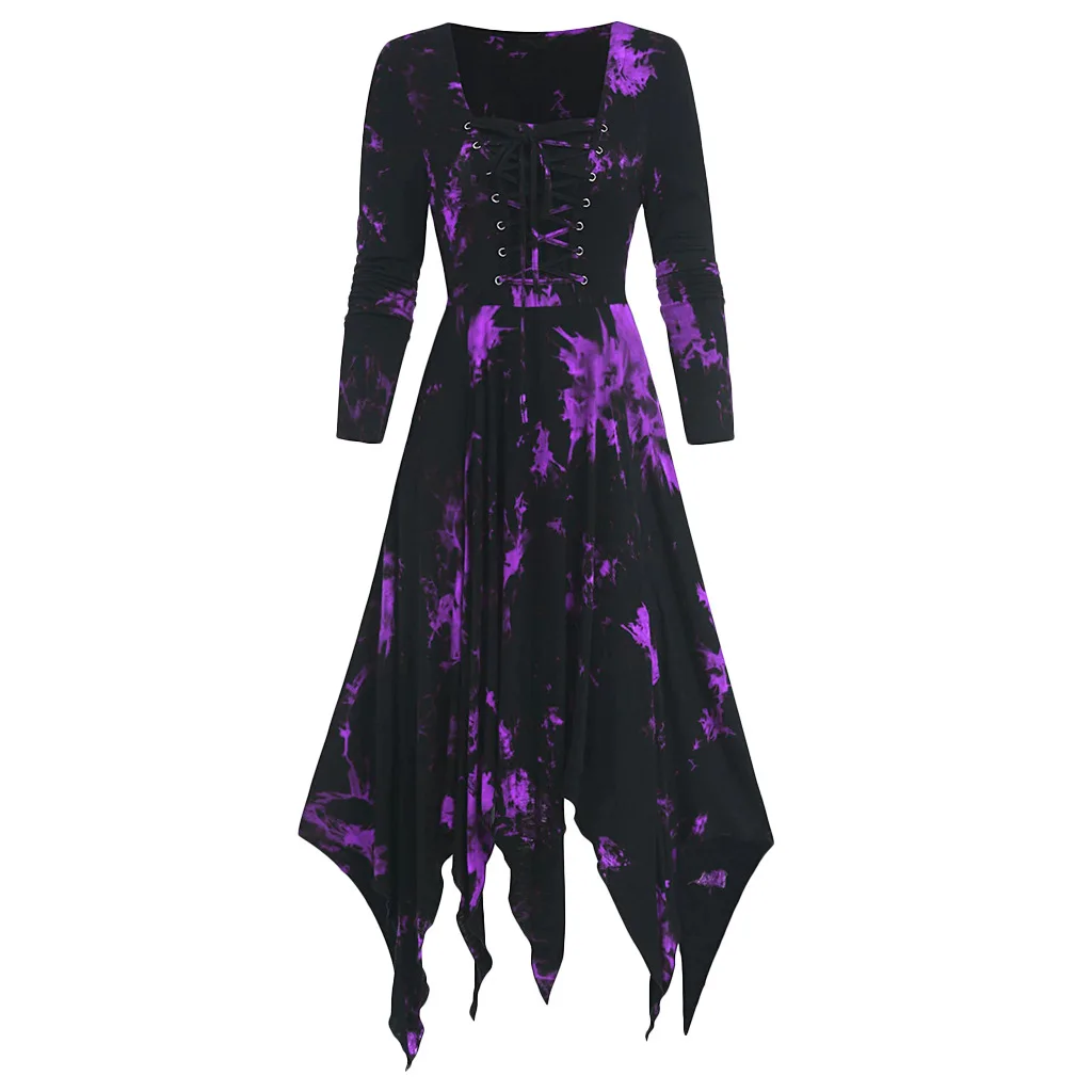 Tie Dye Gothic Tassel Dress Vintage Print Goth Long Sleeve Maxi Skirt Irregular Women Clothes Punk Streetwear Halloween Costume