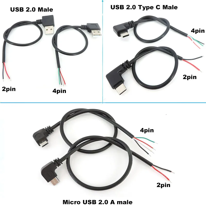 DIY repair USB male to cable 4pin/2pin 2 wire 4 Wires Micro USB 2.0 A Elbow Head Male Jack type-c extension cable line J17