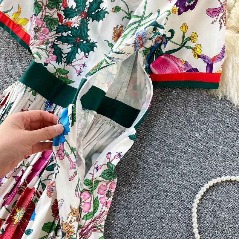 2021 Zomer Runway Designer Geplooide Jurk Vrouwen Korte Mouw Kraag Overlay Bloem Print Slim Party Midi Jurken N78610