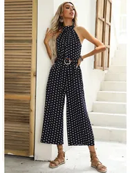 Summer Women Casual Jumpsuit Fashion Elegant  Polka Dot Print Wide-leg Long Romper Sexy Black Halter Jumpsuit With Belt New 2024