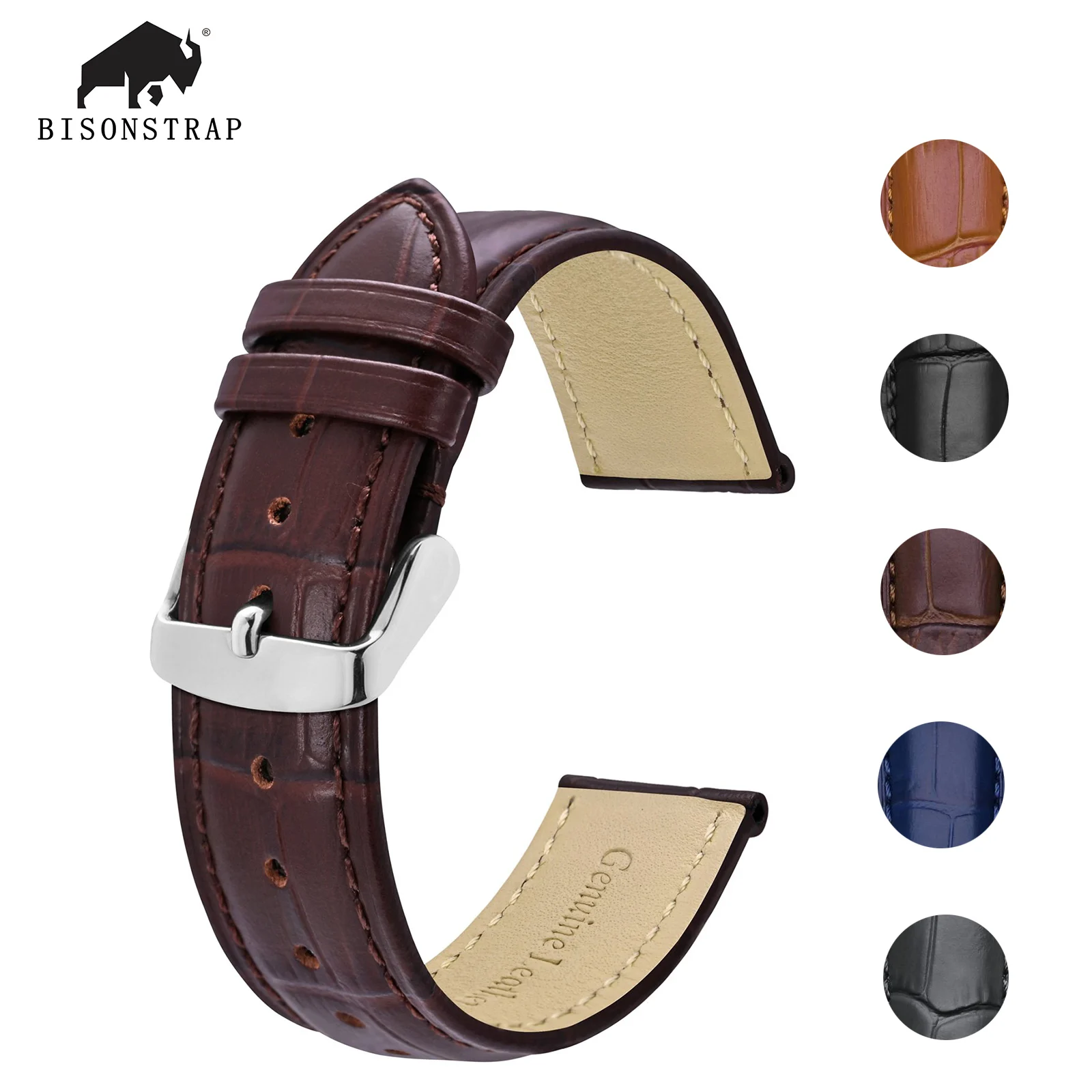 

BISONSTRAP Alligator Embossed Leather Watch Straps 18mm 20mm 22mm 24mm Vintage Cowhide Watchbands for Men and Women