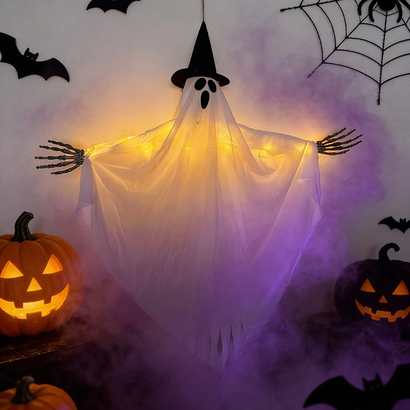 

80x90cm Halloween Glowing White Ghost LED Hanging Ghosts Horror Props Fairy Light Indoor Outdoor Haunted House Halloween Decor