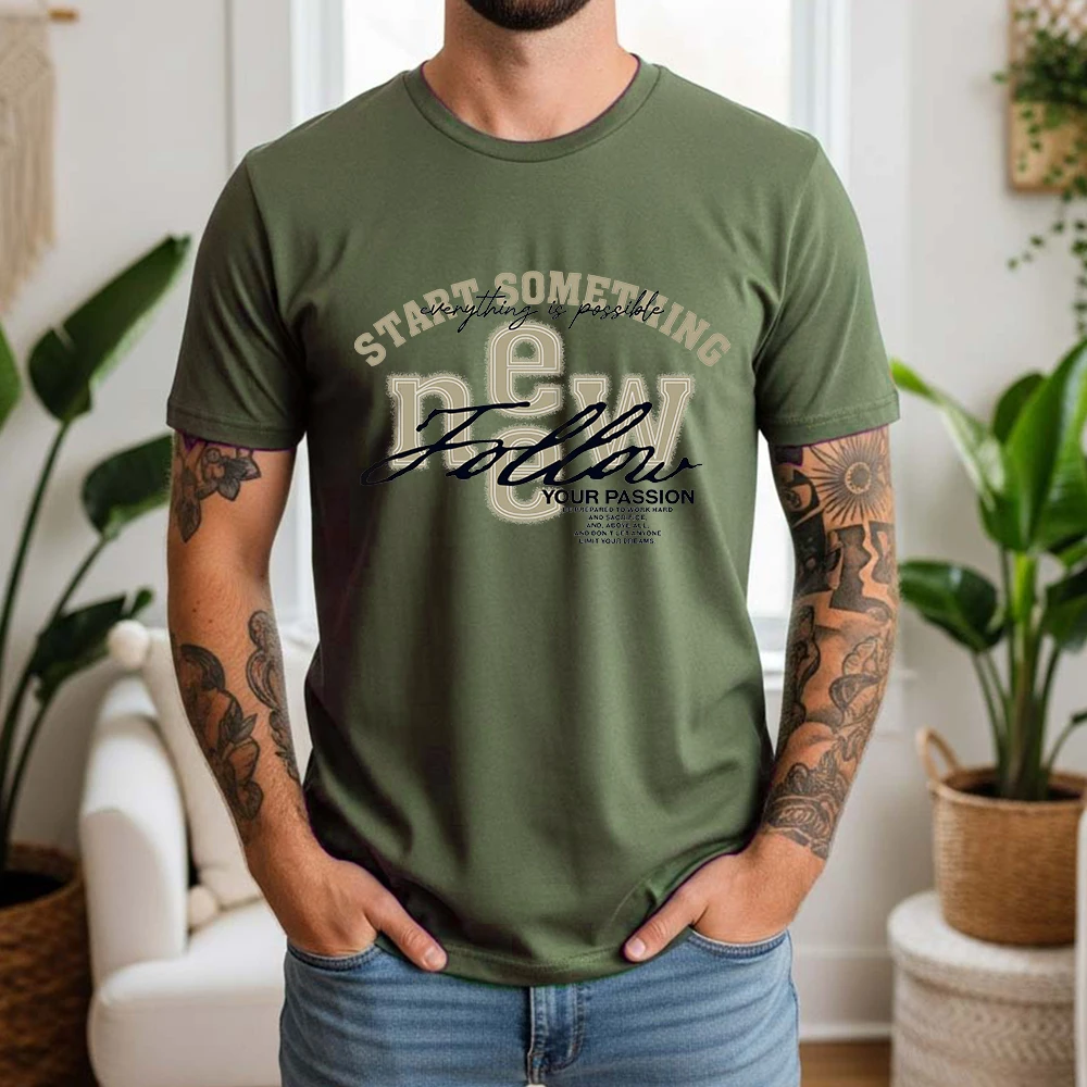 Camiseta de Hombre 100% Algodón, Diseño 'Inicia Algo Nuevo, Sigue Tu Pasión', Estilo Vintage, Casual, Transpirable, Manga Corta, Uso Diario