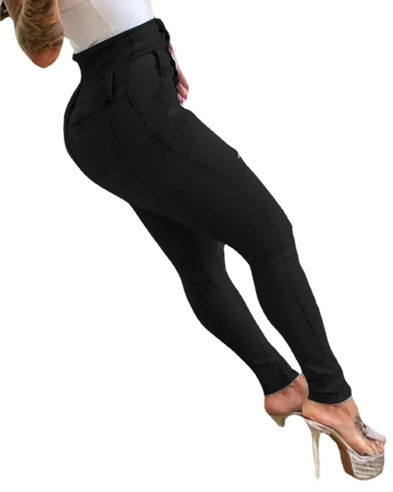 女性ジーンズユーズド加工デニムペンシルパンツ洗濯スリムフィットポケットストリート穴夏フラットボタンフライわずかなストレッチ 2025