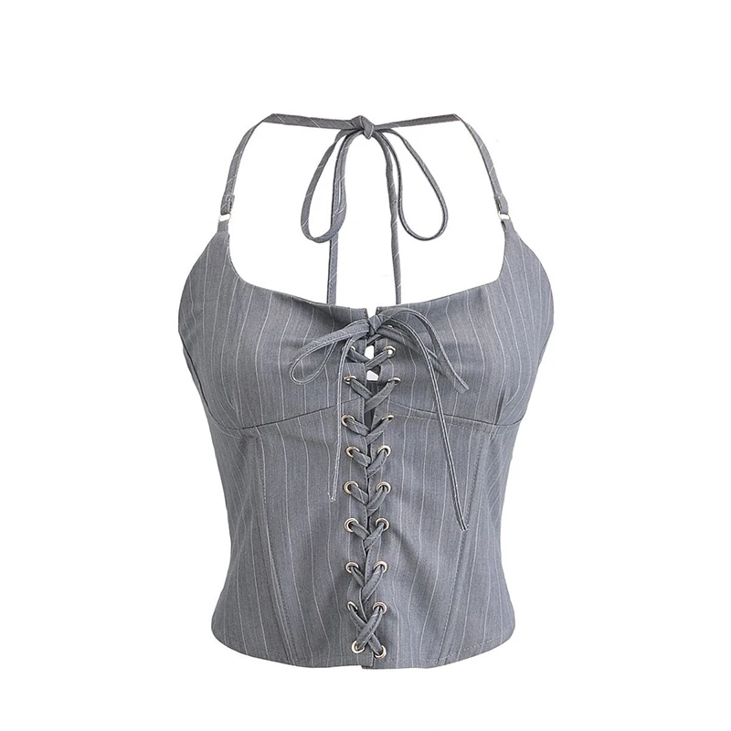 YENKYE Y2K Women Front Lace Up Bandage Striped Halter Top Lady Gray Summer Chic Crop Top Sexy