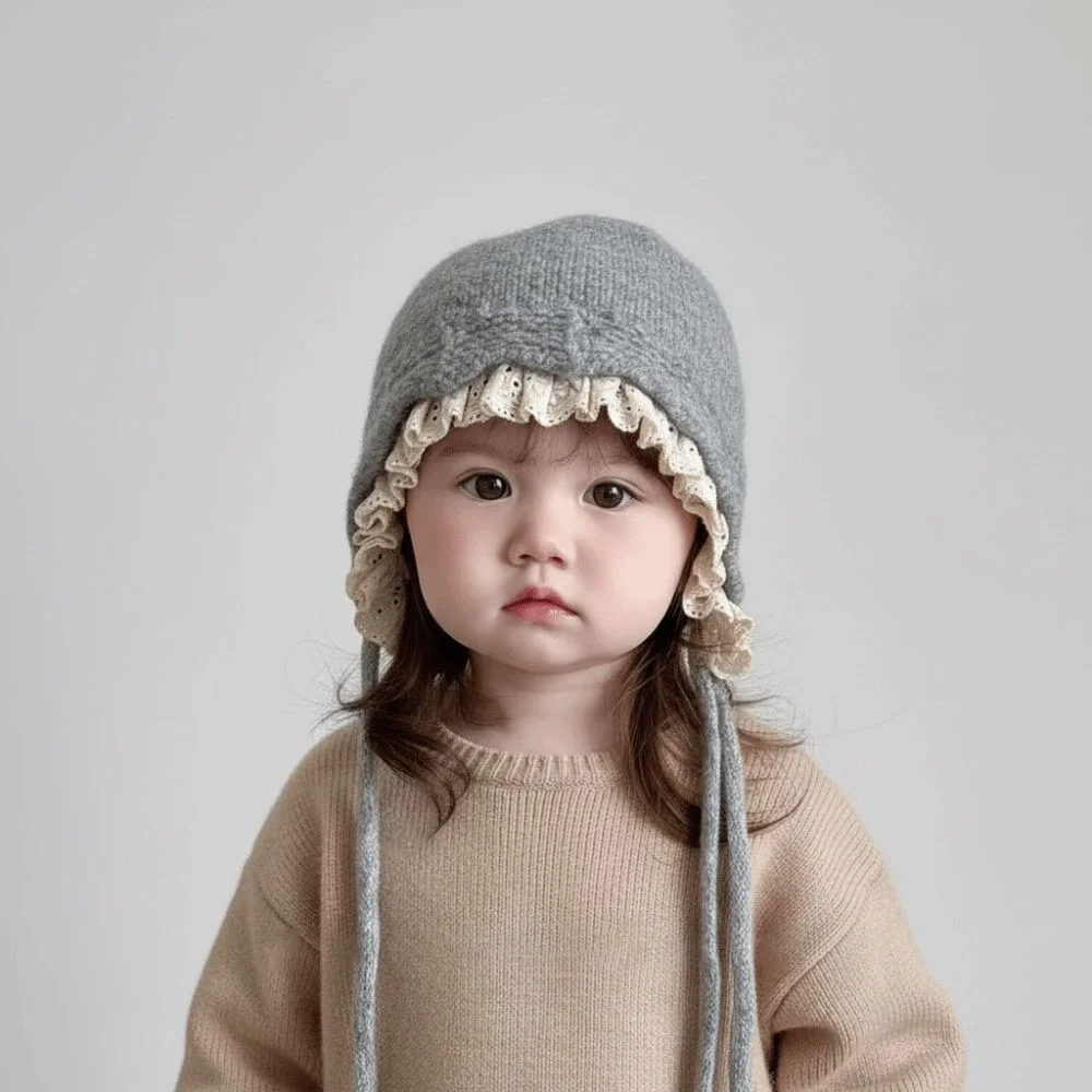 

Windproof Soft Warm Hat Lace Up Design Lace Edged Warmer Beanie Cap Ear Protection Outdoor Thick Ear Protection Bonnet Girls