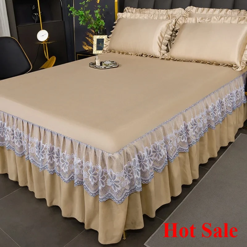 

2025 version of ice silk cool bed skirt solid color sleeping naked summer mat three-piece protective machine wash bedspread