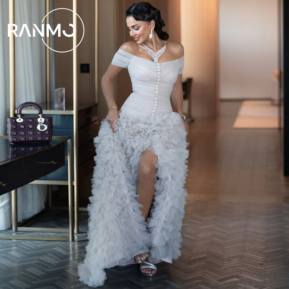 

Ranmo 2026 Elegant High Slit Prom Dress Off the Shoulder Pleat Button Tulle Vestidos De Festa Customized فساتين سهرا