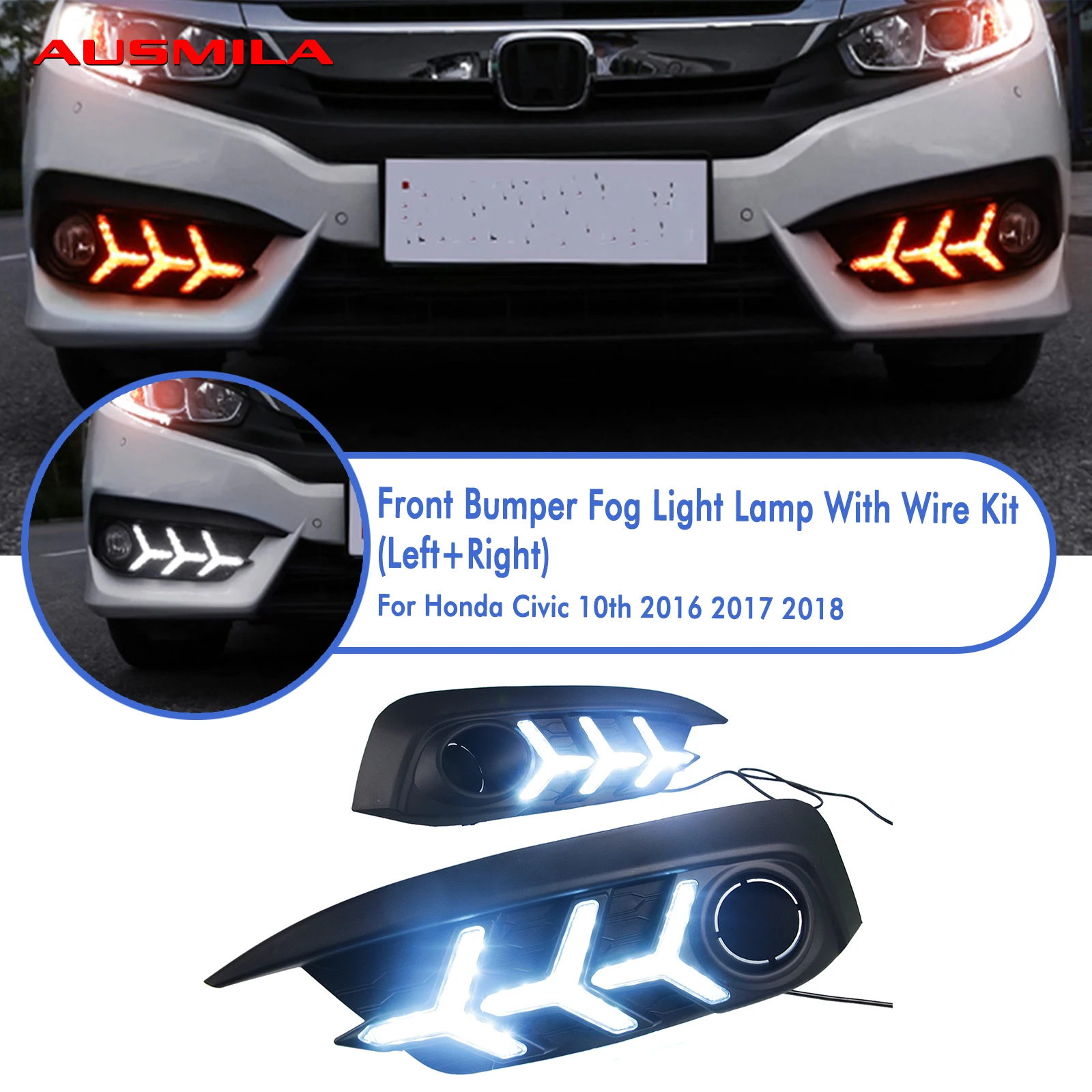 DRL Running  Day Light For Honda CIVIC 10th 2016-2018 Car Front Bumper Air Vent Dynamic Turn Signal Indicator Fog Lamp