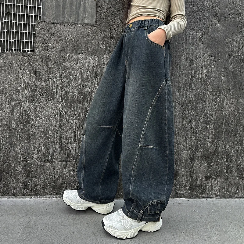 

New Kids Design Curved Baggy Jeans for Girl Autumn Loose Casual Elastic Waist Denim Pants Teenage Children Carpenter Trousers