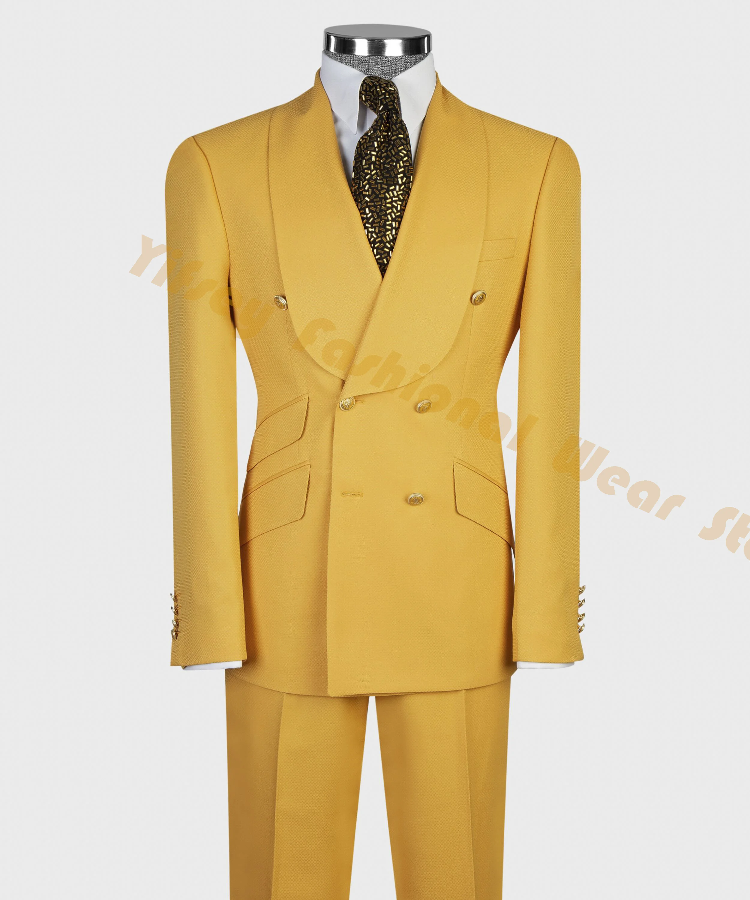 

Yellow 2pcs Blazer Trousers Jacket Pants Bespoke Shawl Collar Men Suits Sets Tuxedos Wedding Groom Custom Male Outfits Clothing