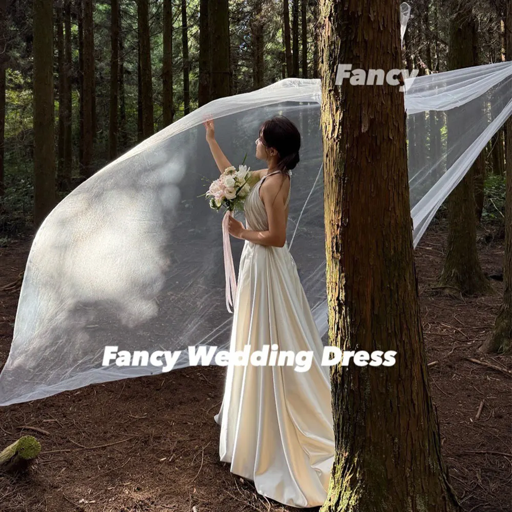 Abito da sposa fantasia con scollo all'americana di alta qualità Corea Una linea di abiti da fidanzamento per feste da sera in raso spesso Corsetto posteriore personalizzato