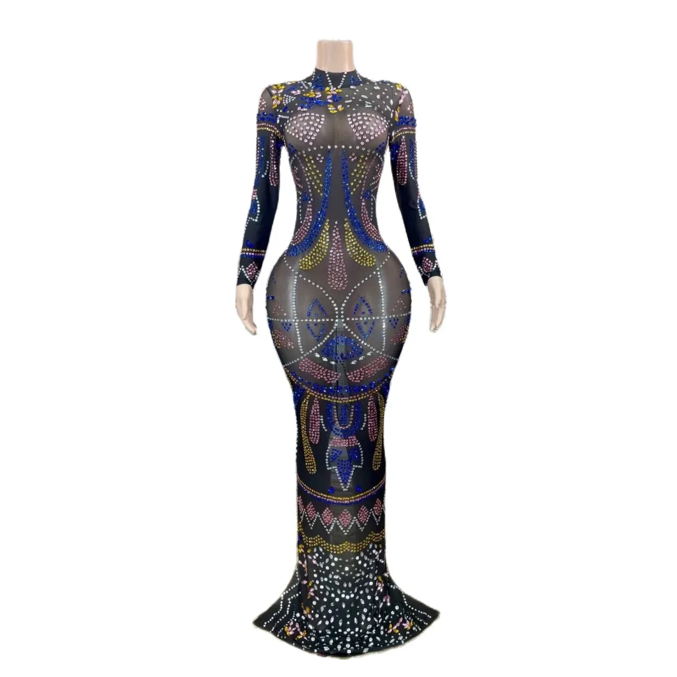 

Black Gauze Long Sleeves Shining Rhinestones Crystal Sexy Dress For Women Evening Celebrity Clothing Singer Stage Costumes