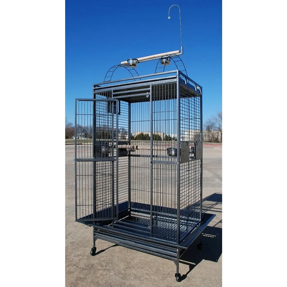 

Extra Large Castle Play Top Parrot Rolling Cage for Large Macaws Cockatoos African Grey Amazon (28" x 22" x 65"H Black Vein)
