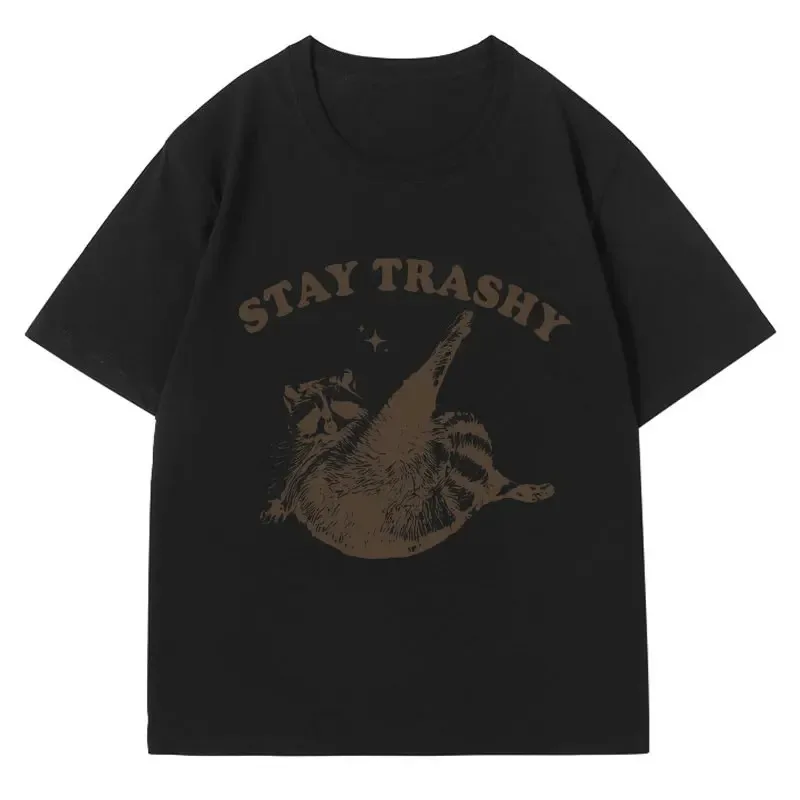 Vintage Funny Racoon T Shirt Clothes Boho Aesthetic Cute Stay Trashy T-shirt Funny Meme Sleeve Women Clothing Aesthetic Clothes