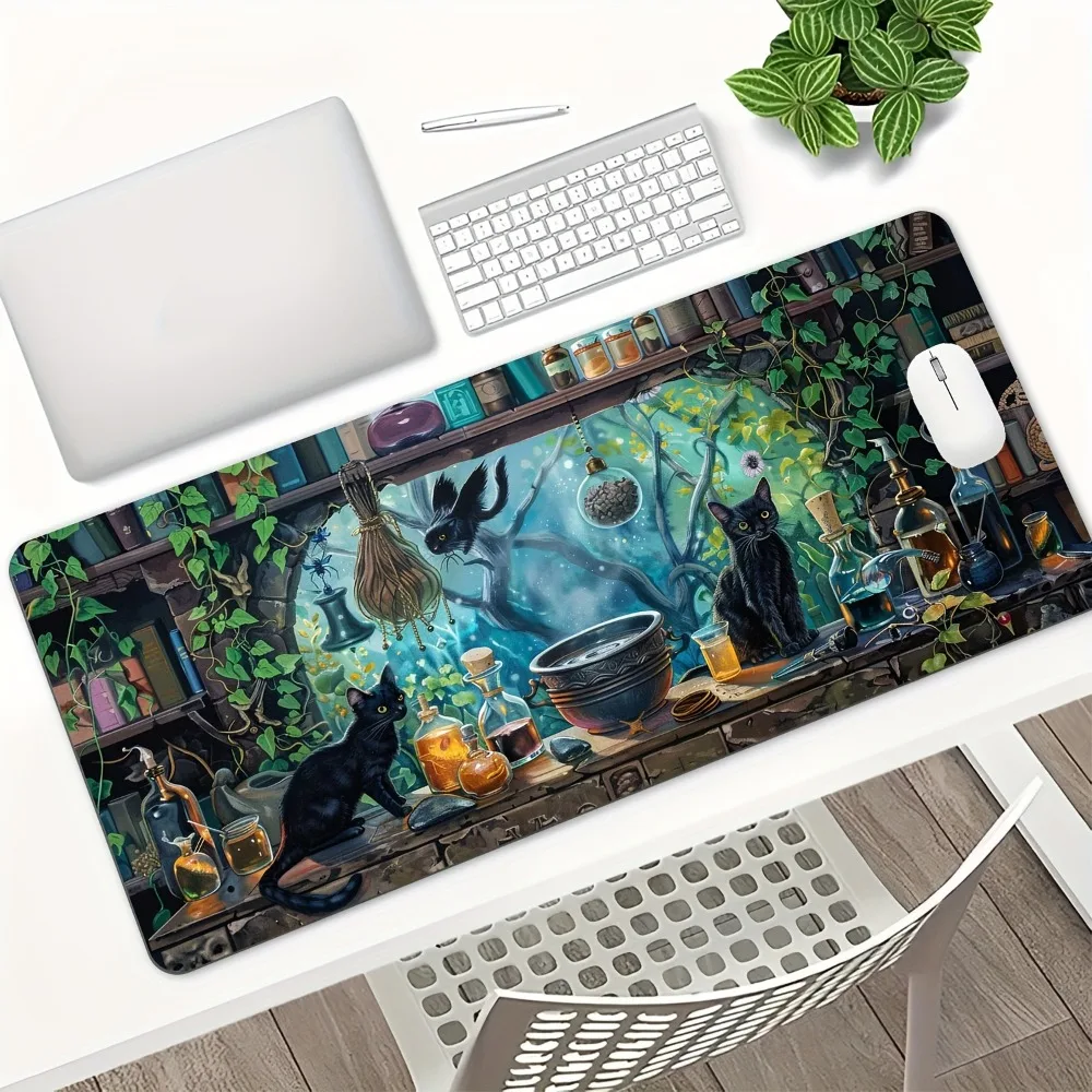 Halloween-themed black cat witch game mouse pad, equipped with a non-slip rubber base, suitable offices, study rooms and gamers