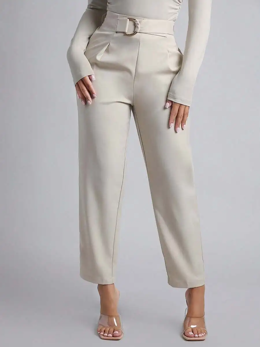 

Брюки для миниатюрных женщин с высокой талией, поясом и зауженными штанинами, бежевого цвета