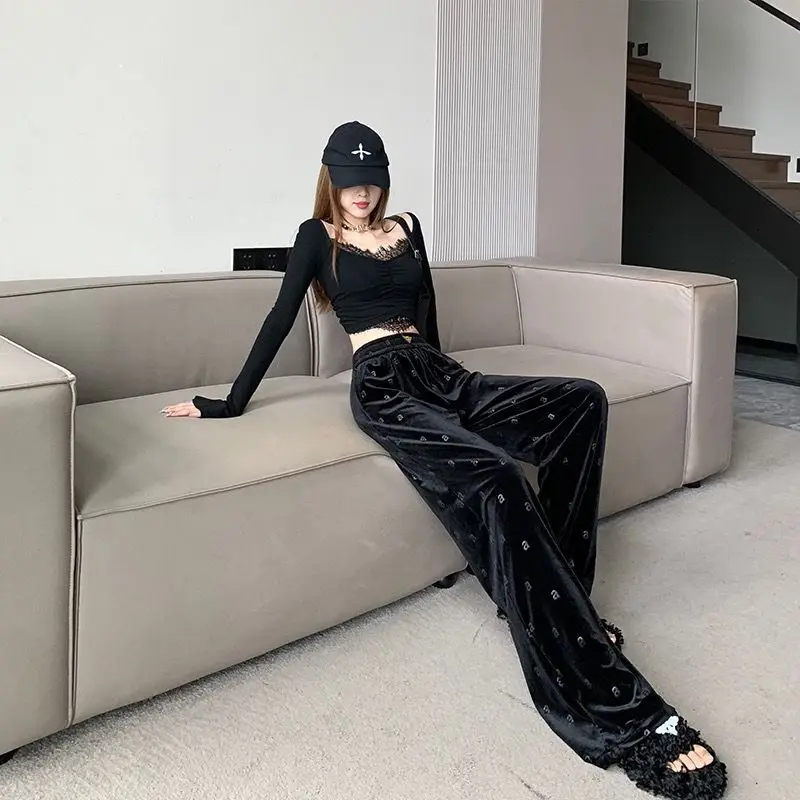 Autumn/Winter New Velvet A-line Printed Design High Waist Casual Straight Tube Drop Feel Casual Floor Dragging Wide Leg pant