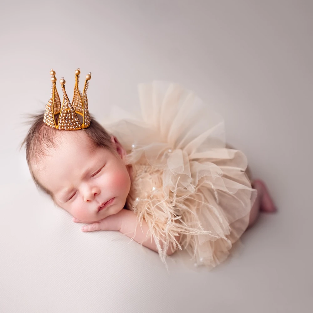 Newborn Photography Props Baby Girl Lace Feather Romper Ruffle Princess Outfit Infant Photo Shoot Clothes Soft Tulle Layered Des