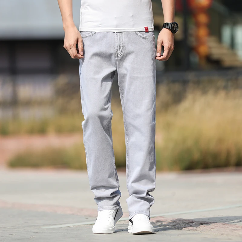 

2024 Summer Brand New Men's Straight Loose Thin Jeans Simple Casual Clothing Lightweight Cotton Stretch Light Grey Jeans