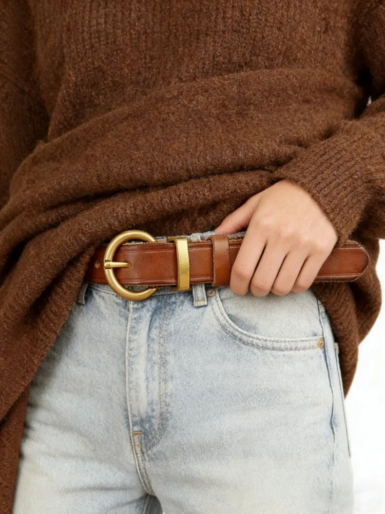 Office Ladies Cowhide Strap For Pant Retro Style Genuine Leather Pin Buckle Belt Women Circular Buckle Real Leather Waistband