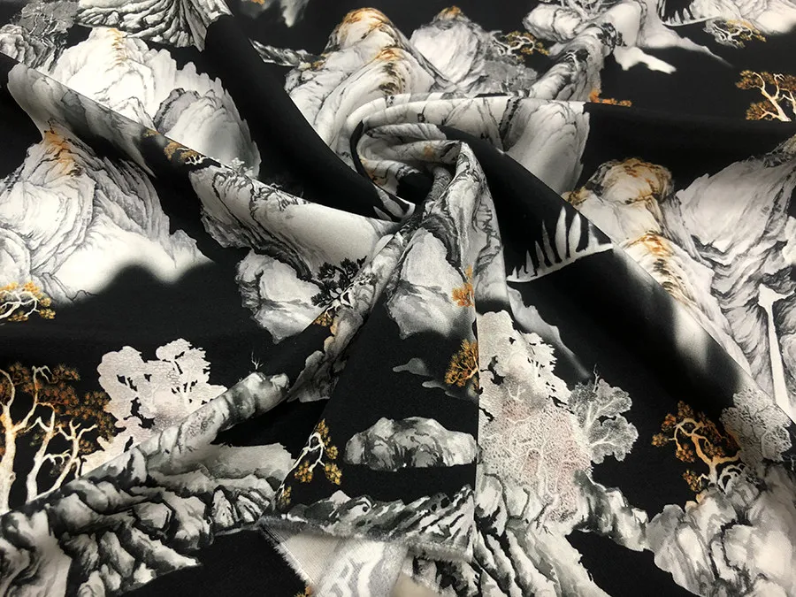 Designer Cloth 30 Momme Heavy Crepe Stretch Silk Clothing Fabric Black Background Chinese Landscape Painting Inkjet Dress